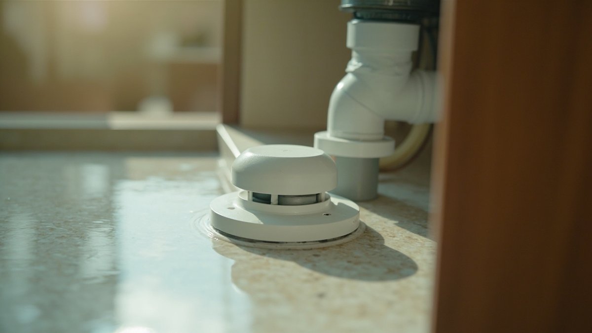Sensor kebocoran air pintar di lantai kabinet sinki dapur, di sebelah perangkap paip