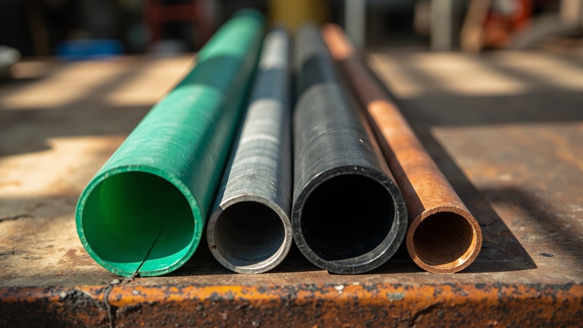 PPR, stainless steel, HDPE and copper water pipe samples compared side by side