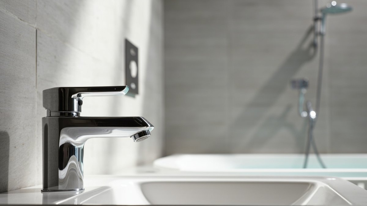 Chrome basin tap with aerator and a dual-flush button in a tiled bathroom