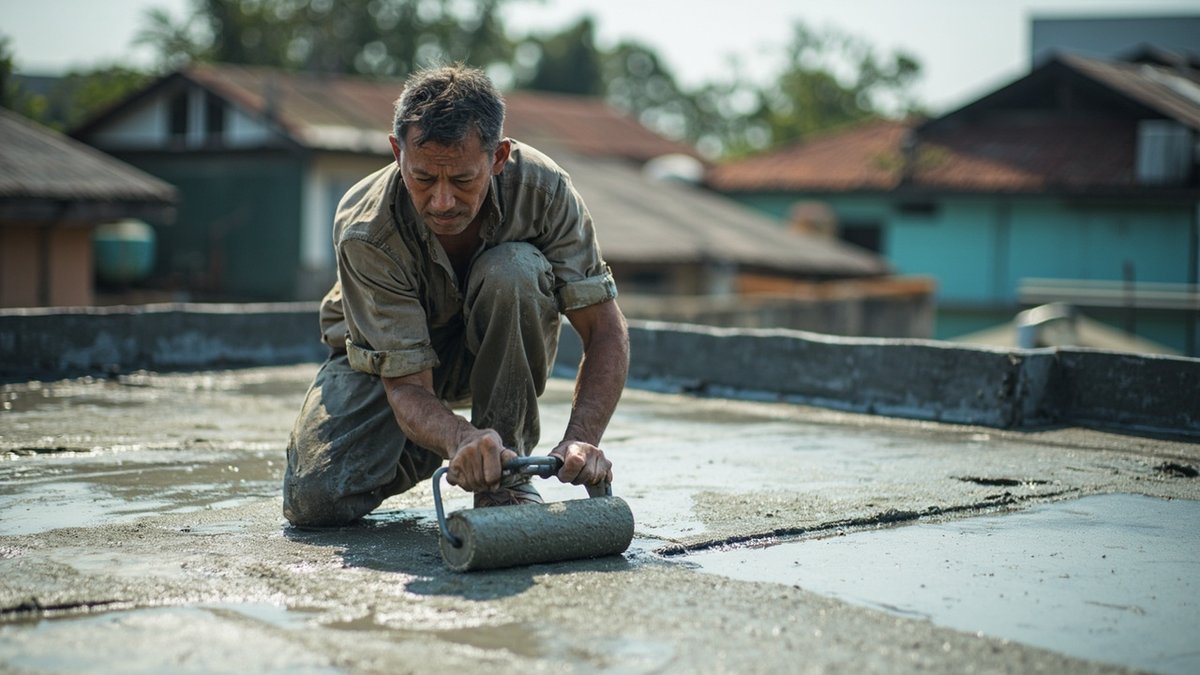 Waterproofing contractor applying membrane on a Malaysian rooftop