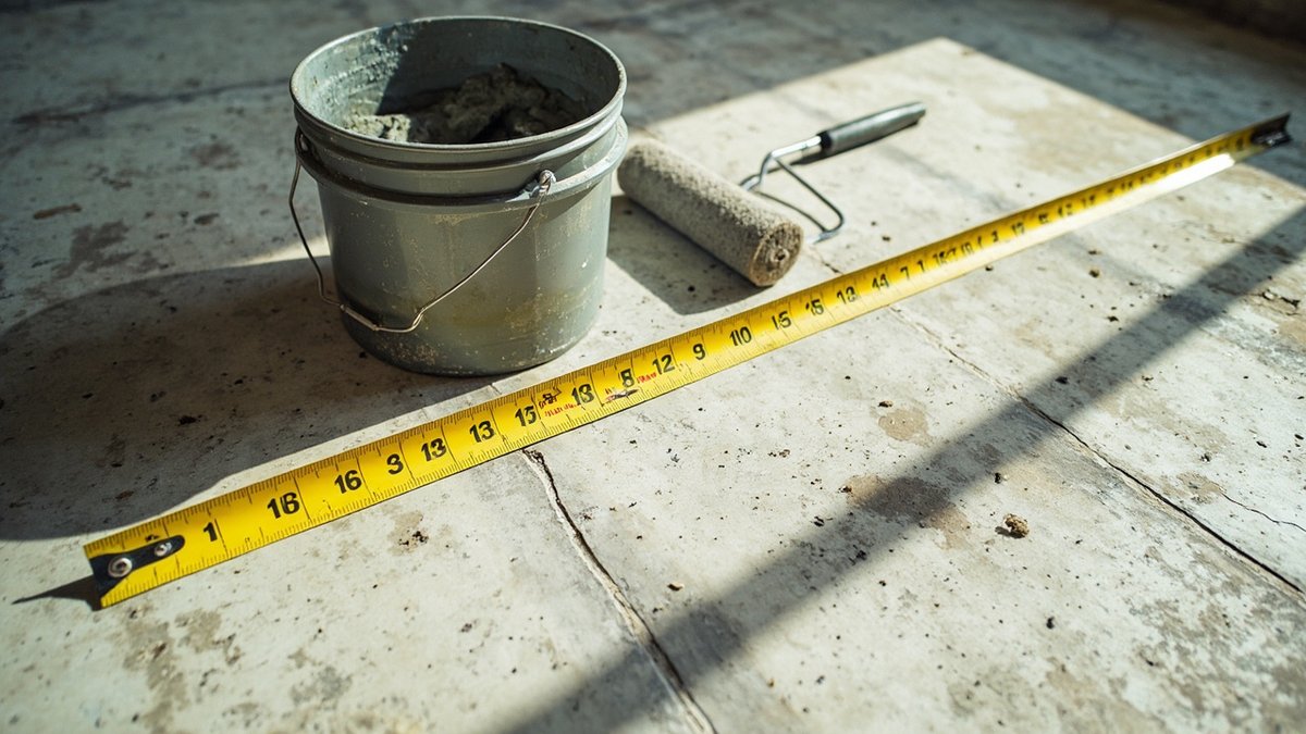 Measuring tape on concrete floor beside waterproofing compound