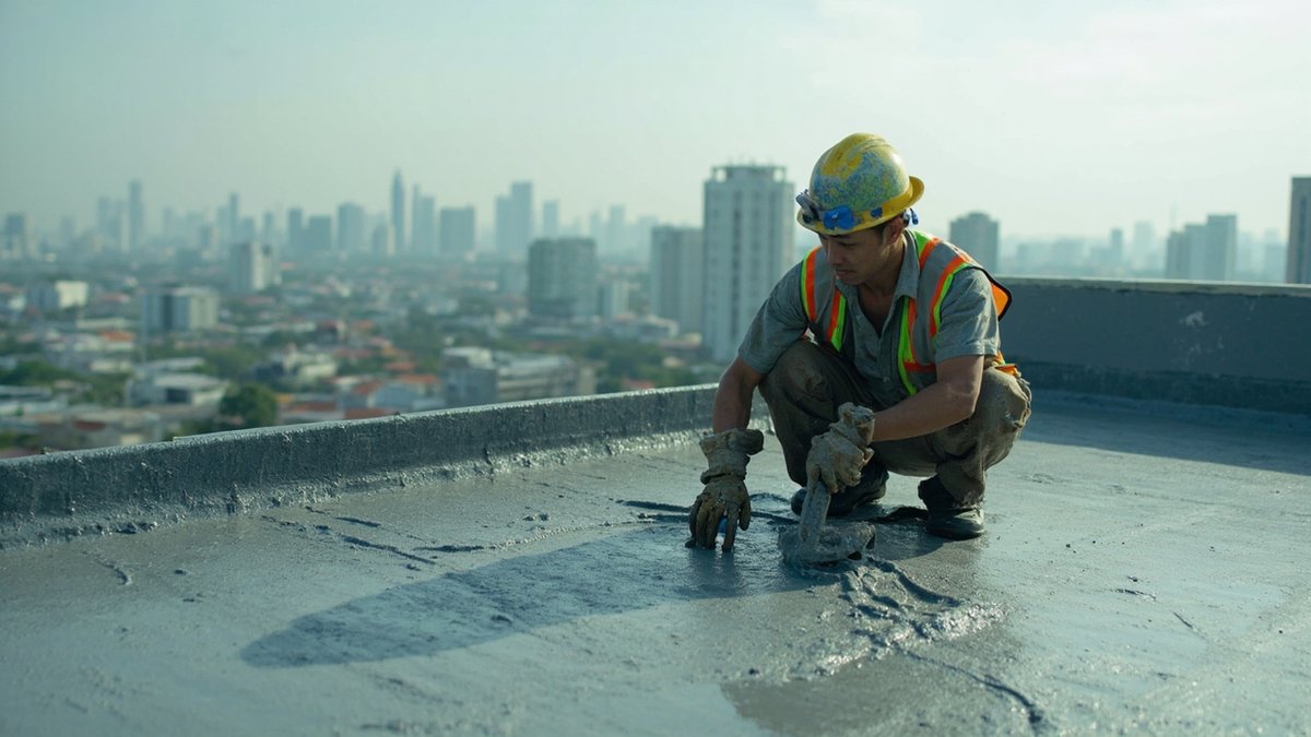 Waterproofing specialist coating a condo rooftop in the Klang Valley