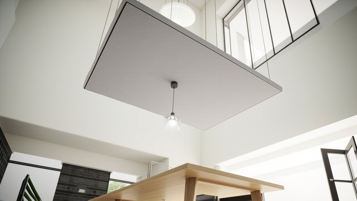 Illustrative concept design: flat pale grey acoustic ceiling raft hung on cables above a dining table, seen from below