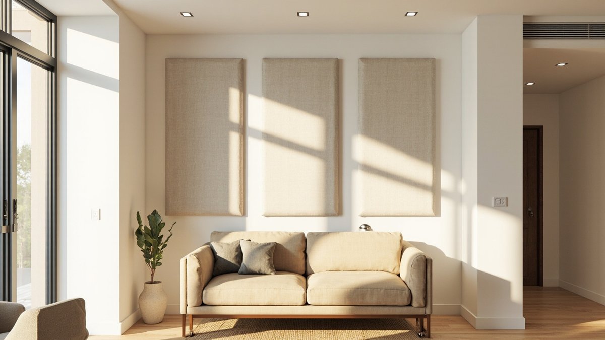 Illustrative concept design: three oatmeal linen acoustic panels above a sofa in a terrace house living room