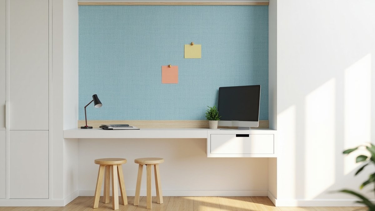 Illustrative concept design: powder blue fabric-faced acoustic pinboard above a built-in homework desk