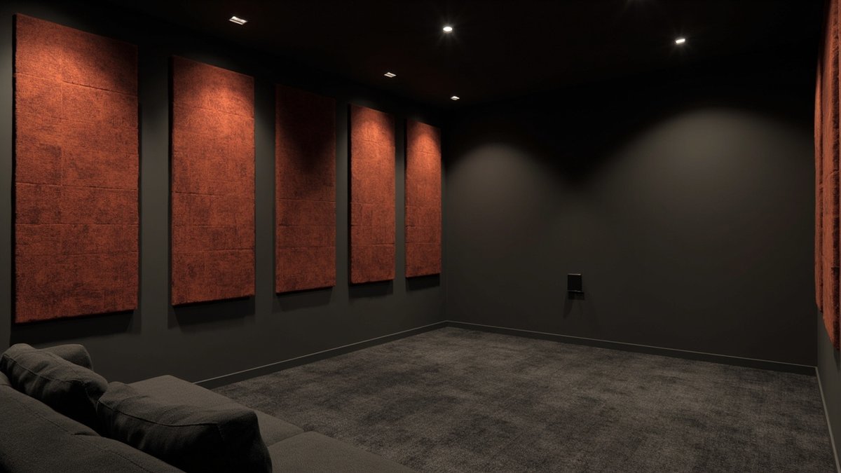 Illustrative concept design: rust fabric-wrapped acoustic panels along the side walls of a charcoal home media room