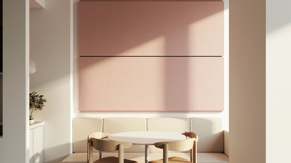 Illustrative concept design: dusty pink felt acoustic boards bonded to the wall behind a condo dining banquette