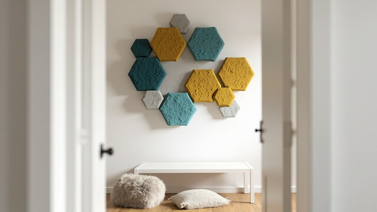 Illustrative concept design: cluster of teal and mustard felt hexagon acoustic tiles on a children's playroom wall