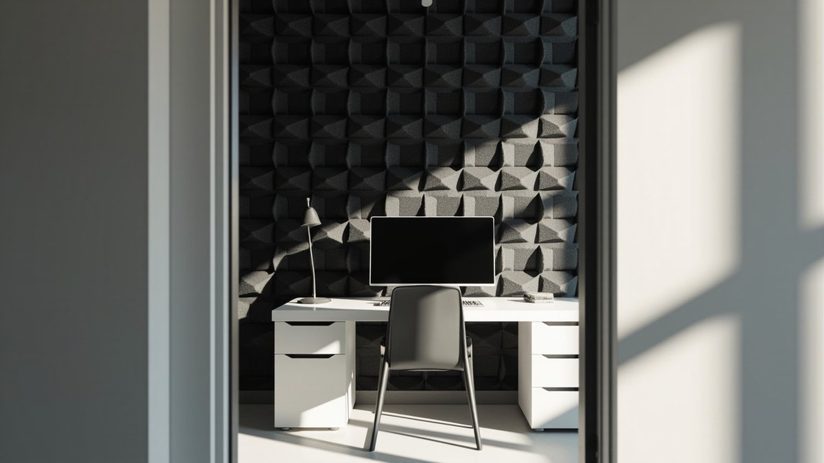 Illustrative concept design: charcoal acoustic foam wedge tiles on the wall of a condo hobby room