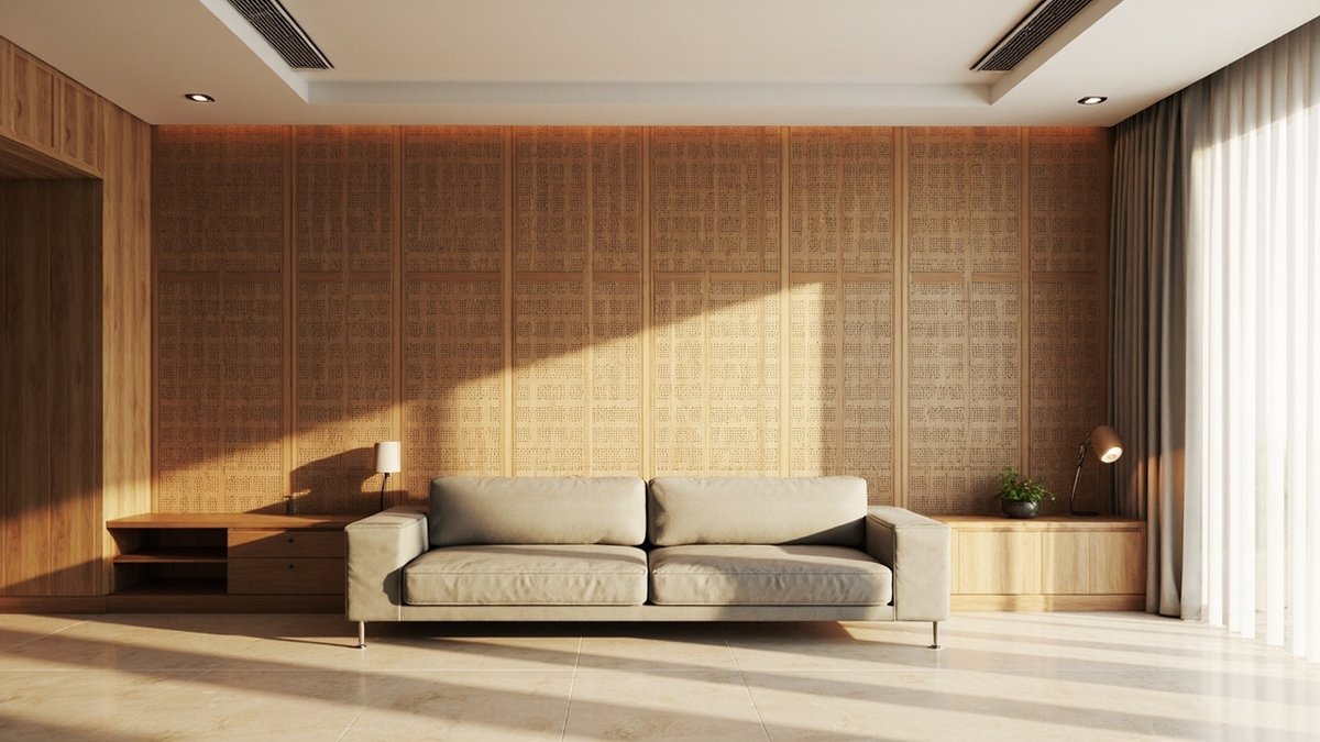 Illustrative concept design: perforated oak acoustic panels lining a family hall wall behind a grey sofa