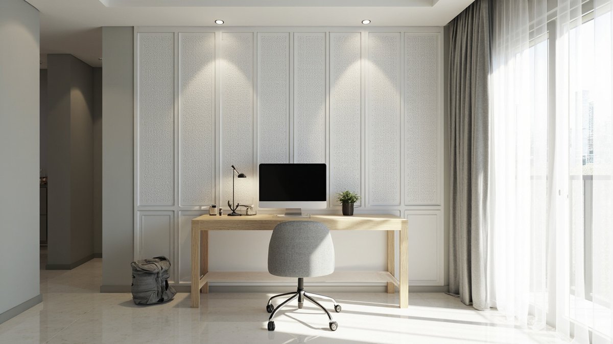 Illustrative concept design: white perforated acoustic panels on the wall behind a desk in a condo home office