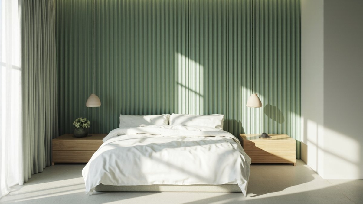 Illustrative concept design: sage green ribbed felt acoustic wall behind a bed in a condo bedroom