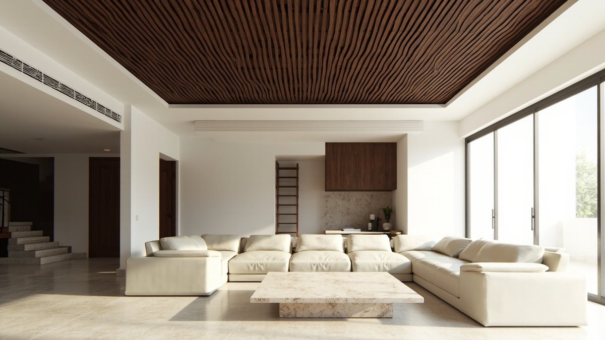Illustrative concept design: walnut-tone slotted timber acoustic panels across a bungalow living room ceiling