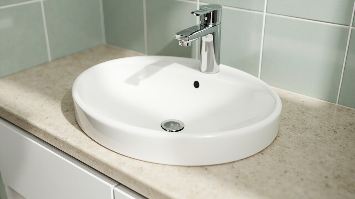 Illustrative concept design: white round drop-in basin with its rim on a beige laminate counter and a chrome mixer