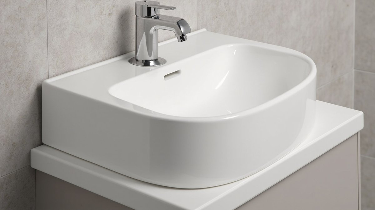 Illustrative concept design: semi-recessed white basin projecting past a shallow solid-surface top and cabinet