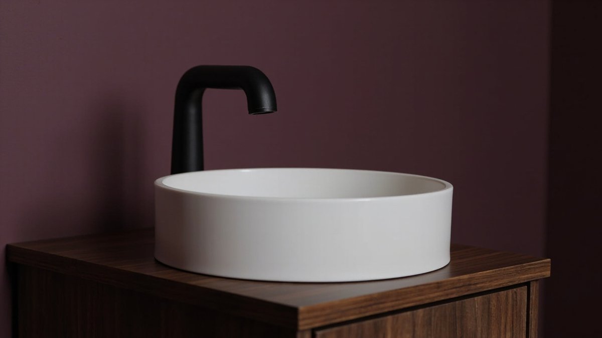 Illustrative concept design: round white countertop bowl basin on a walnut counter with a tall black mixer and plum walls