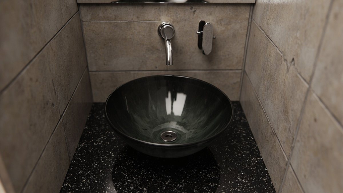 Illustrative concept design: smoked grey glass bowl basin on a black granite counter under a chrome wall spout