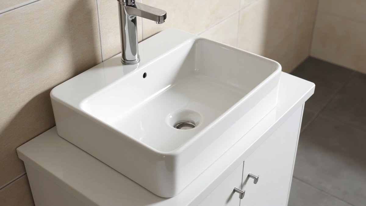 Illustrative concept design: square white countertop basin with a tall chrome mixer on a white PVC cabinet