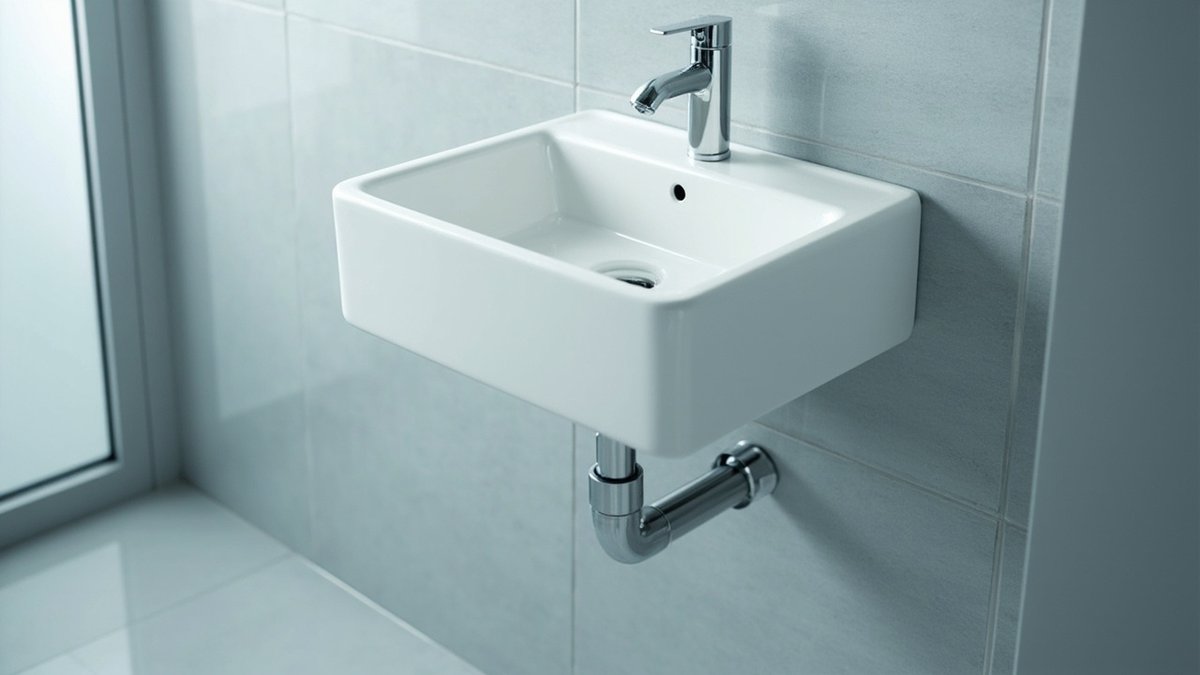 Illustrative concept design: white wall-hung basin with a chrome mixer and a chrome trap and pipe over a clear floor