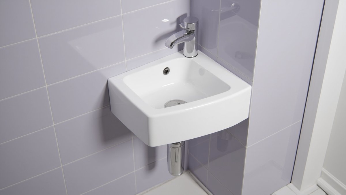 Illustrative concept design: small white wall-hung basin tucked into a corner of pale lavender grey tiles with a chrome trap