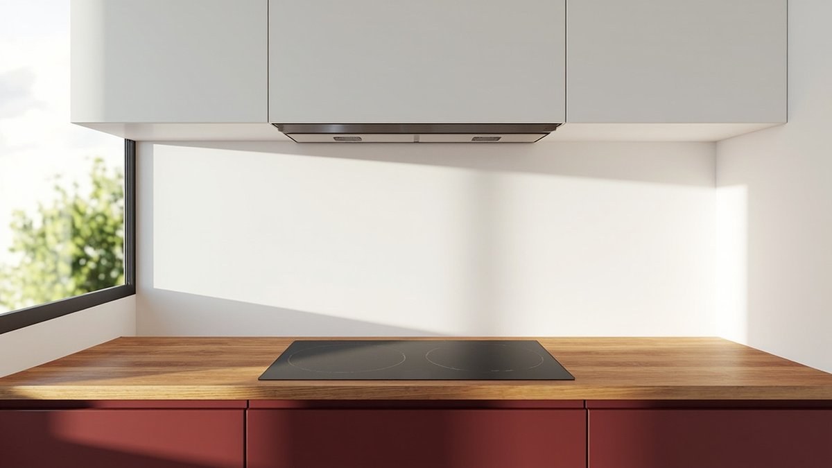 Illustrative concept design: slim stainless hood under white wall cabinets above a two-zone induction hob on an oak top with oxblood red drawers