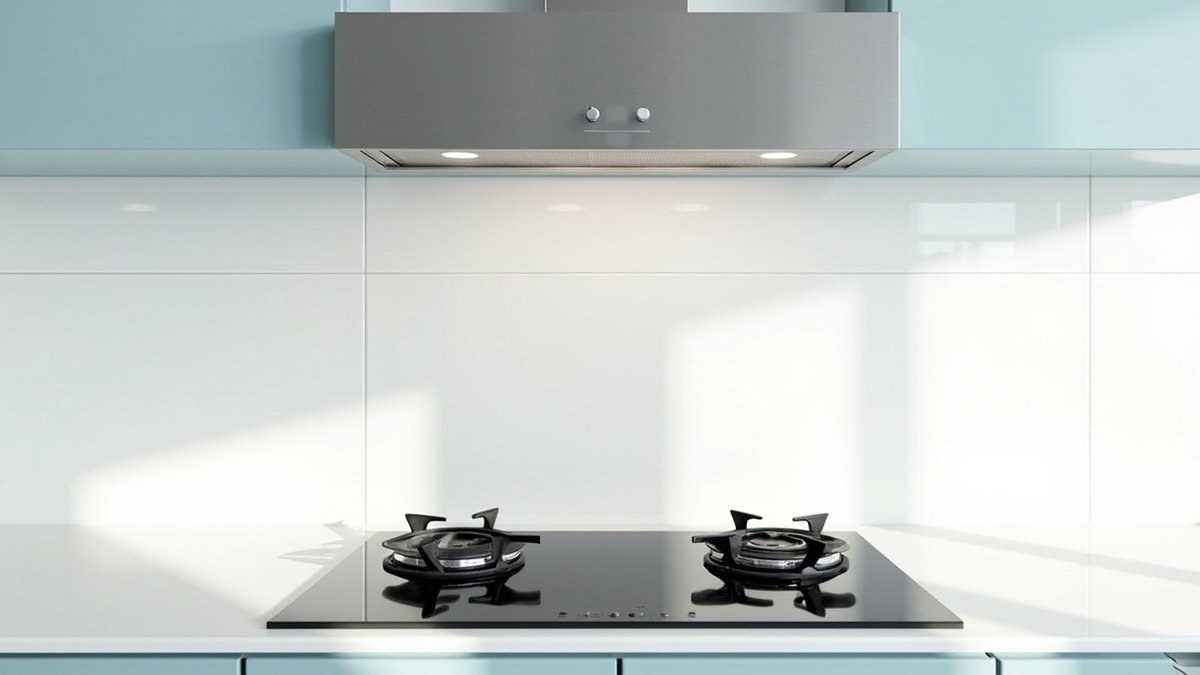 Illustrative concept design: brushed steel box hood under pale blue wall cabinets above a two-burner gas hob