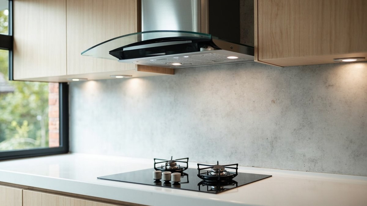 Illustrative concept design: stainless chimney hood with a curved glass canopy above a two-burner gas hob between light wood cabinets