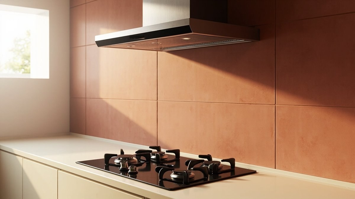 Illustrative concept design: stainless T-shape chimney hood on terracotta wall tiles above a four-burner gas hob with cream cabinets