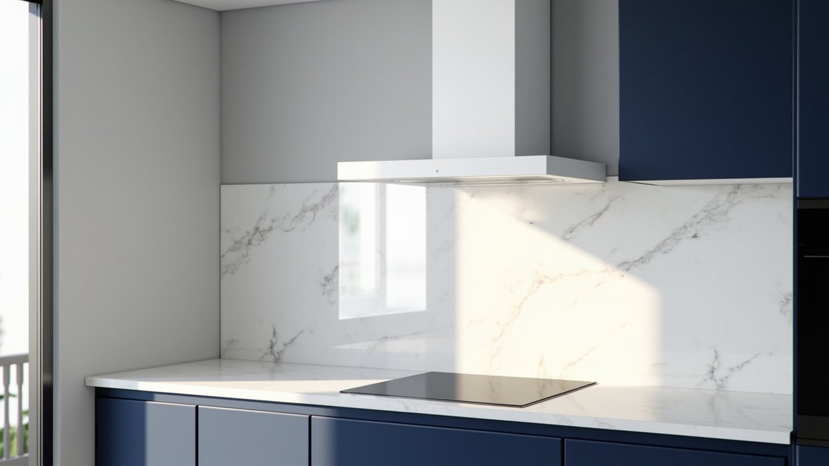 Illustrative concept design: matt white chimney hood on a white marble-look backsplash above a black induction hob with navy blue cabinets