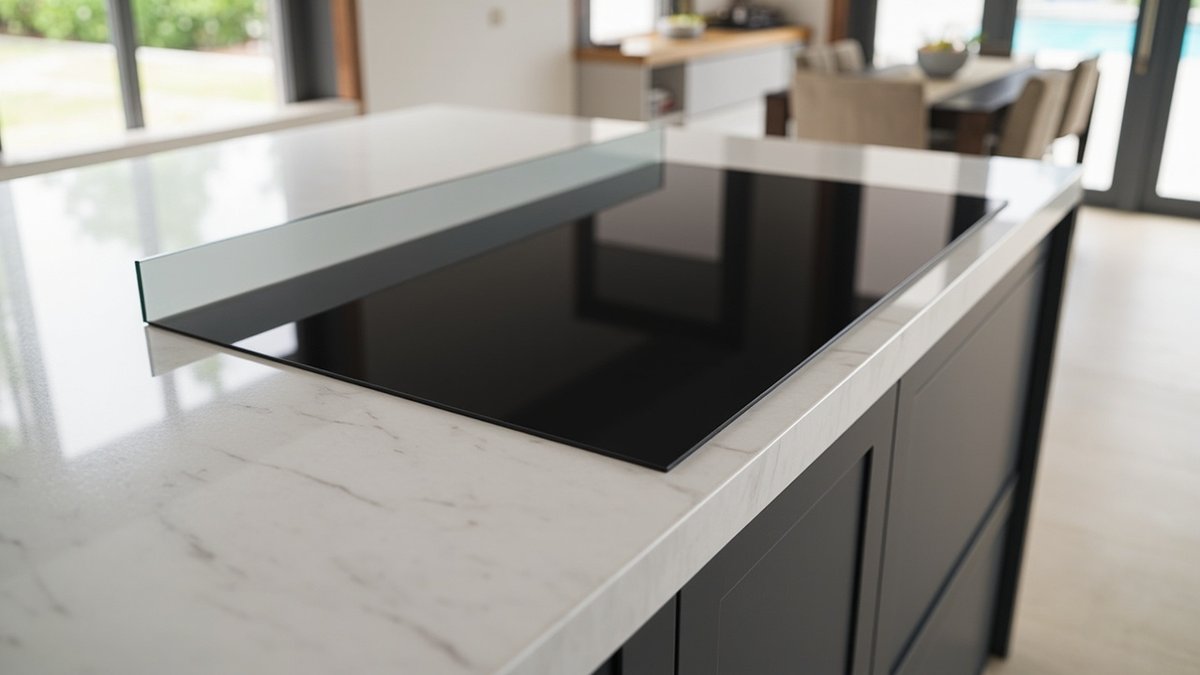 Illustrative concept design: slim glass downdraft panel rising behind a black induction hob on a white marble-look kitchen island