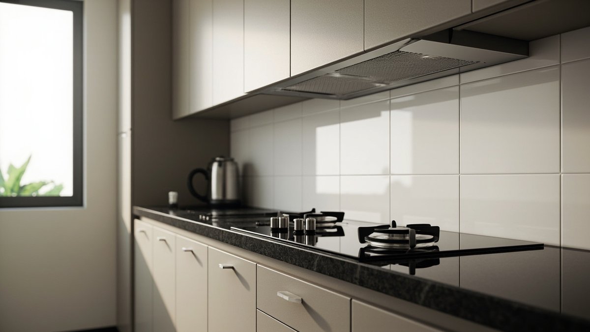 Illustrative concept design: stainless hood built into greige wall cabinets above a gas hob in a black granite countertop