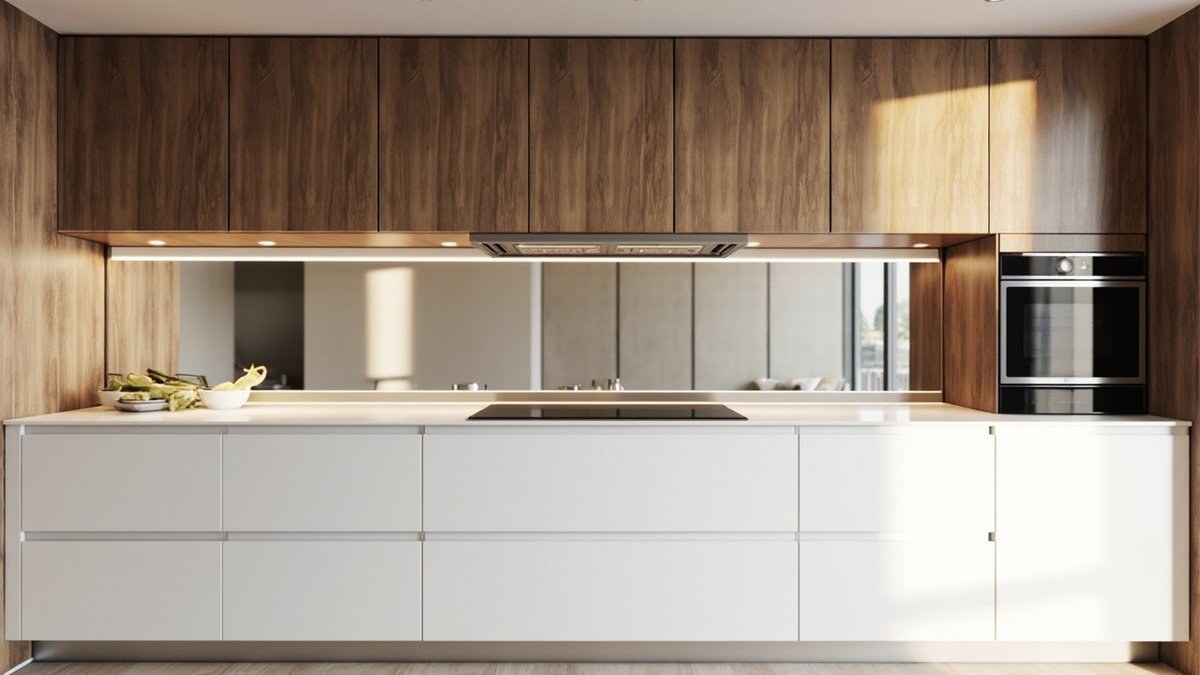 Illustrative concept design: stainless hood insert built into flush walnut wall cabinets above a black induction hob in a white top