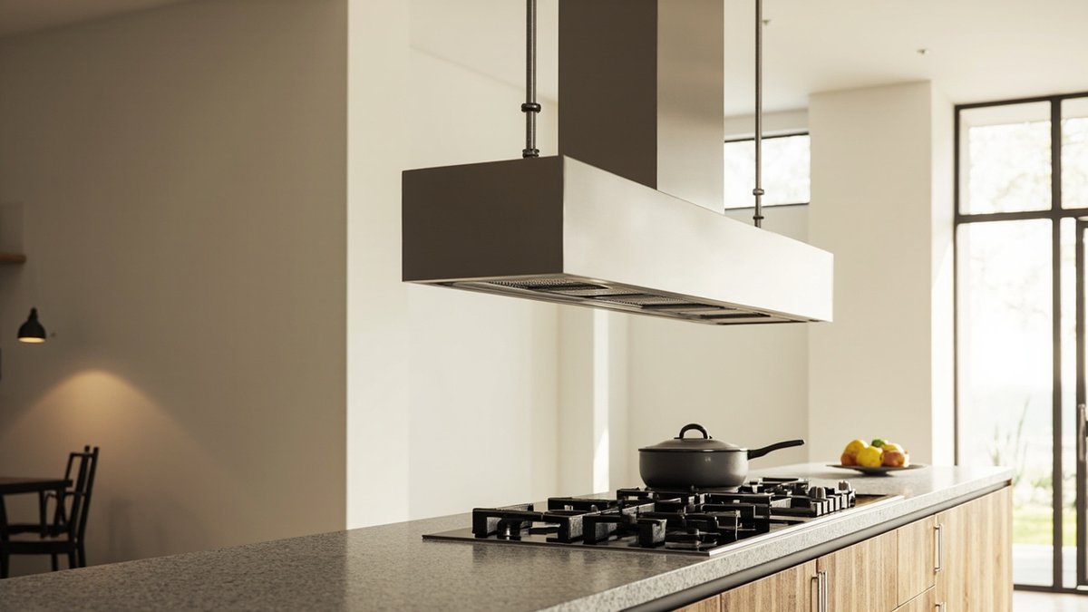 Illustrative concept design: large brushed stainless island hood on rods above a gas hob in a grey granite and light oak island