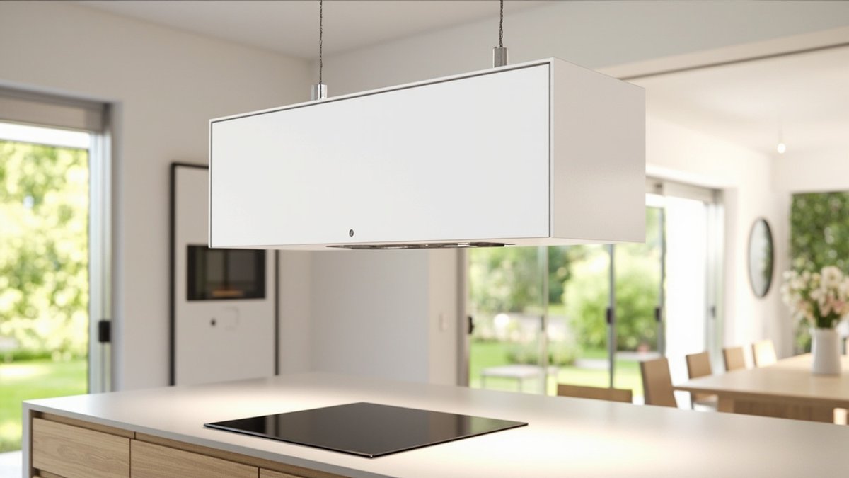 Illustrative concept design: matt white island cooker hood on two rods above a black induction hob in a white and light oak kitchen island