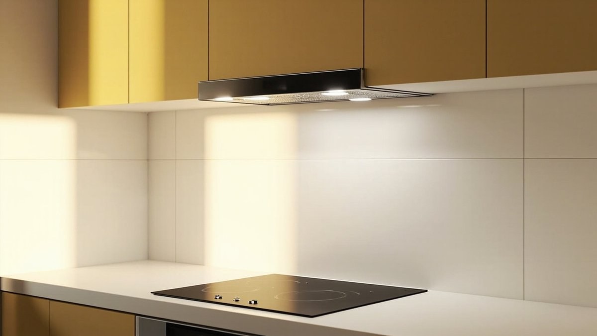 Illustrative concept design: plain black ceramic hob under a slim hood with mustard yellow kitchen cabinets and white tiles