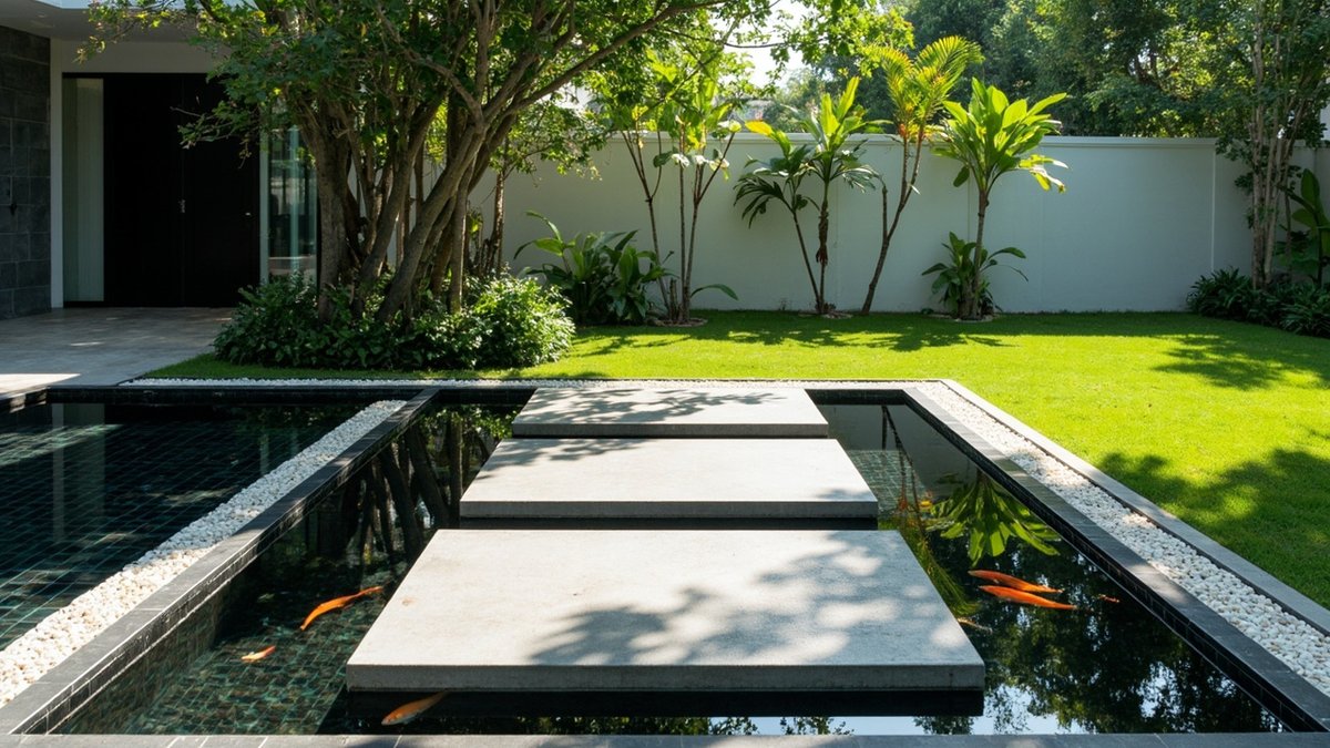 Illustrative concept design: modern koi pond crossed by square light grey concrete stepping pads