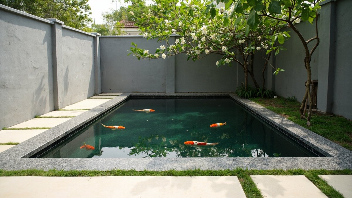 Illustrative concept design: rectangular koi pond with grey granite coping in a terrace back garden