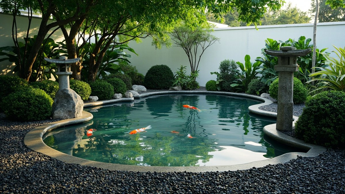 Illustrative concept design: Japanese-style koi pond in black pebble beds with two plain stone lanterns