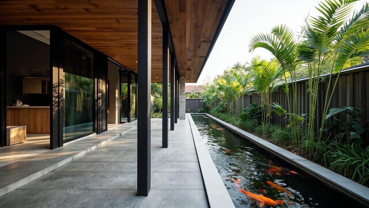 Illustrative concept design: long narrow koi pond beside a covered garden walkway