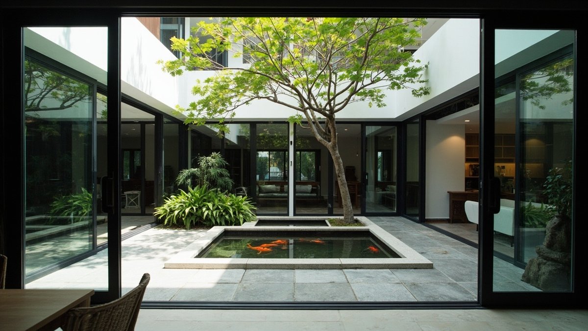 Illustrative concept design: square koi pond in an open-air courtyard seen through glass doors from a dining area