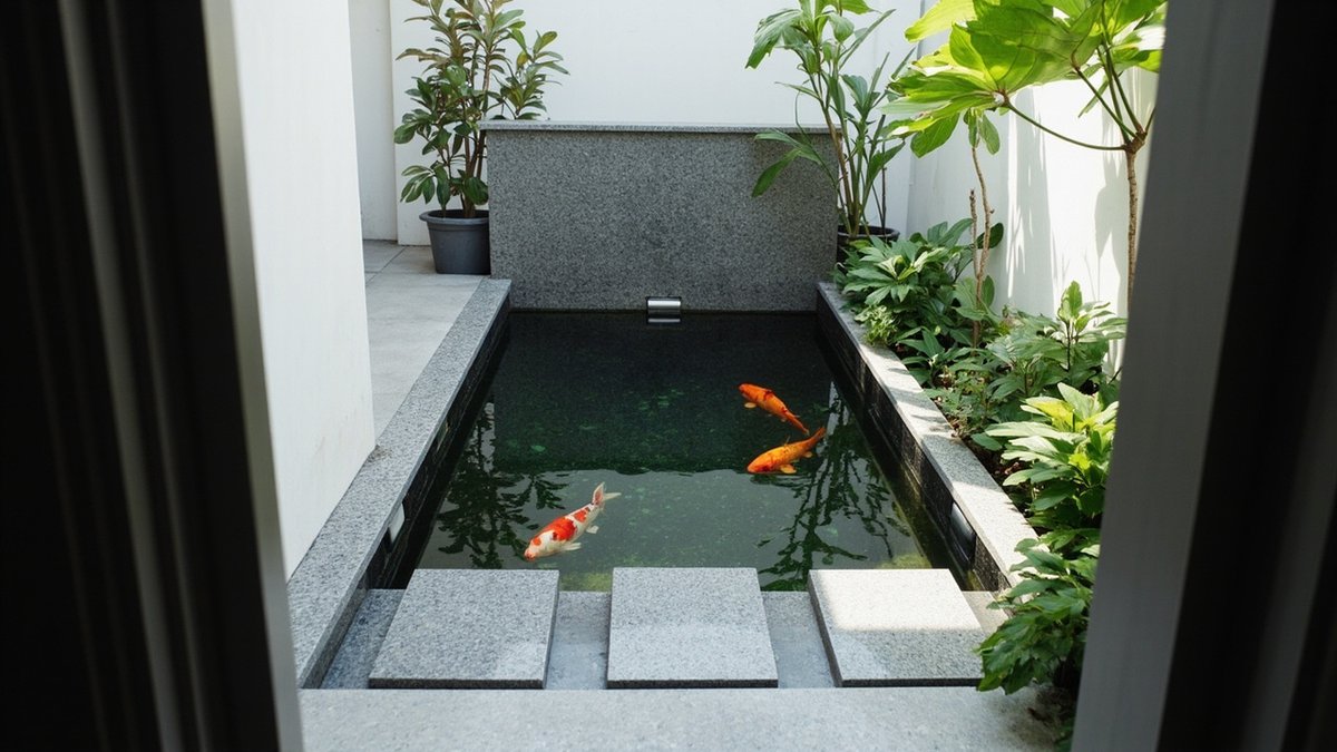 Illustrative concept design: compact koi pond with a granite-clad filter box in a narrow terrace back yard