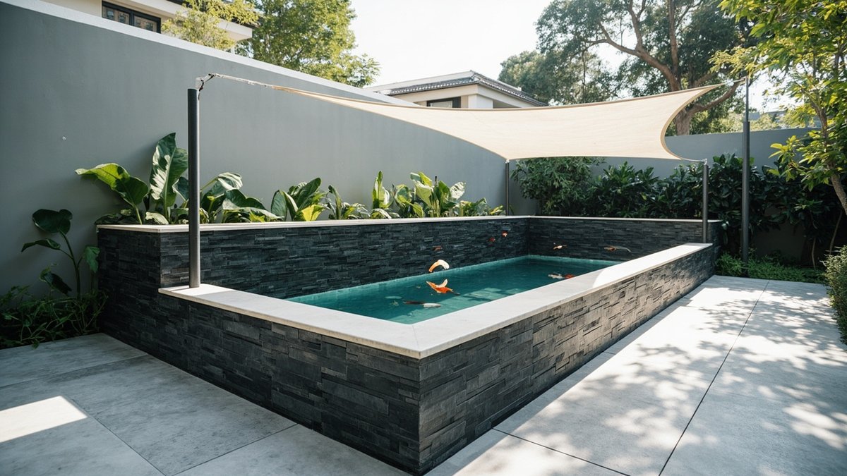 Illustrative concept design: raised L-shaped koi pond clad in dark slate under a white shade sail