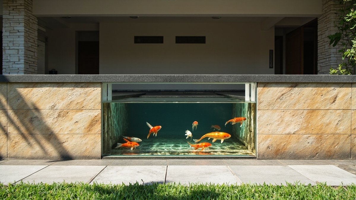 Illustrative concept design: raised koi pond with a clear viewing panel in a beige stone wall