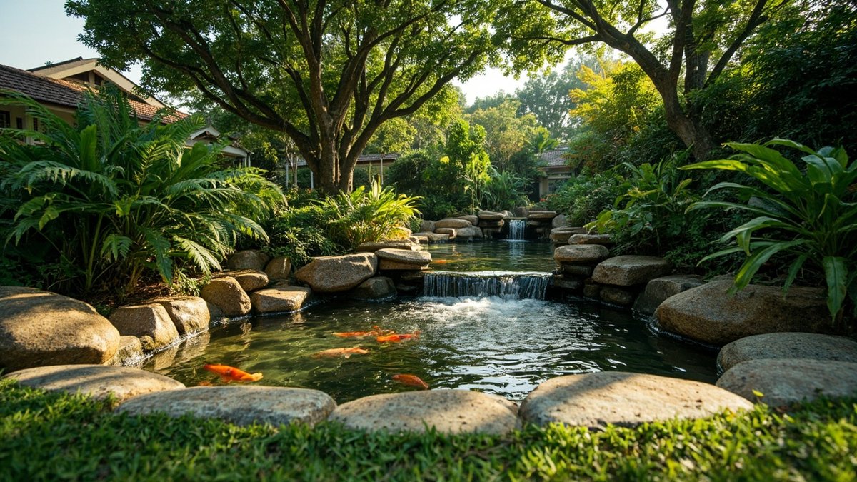 Illustrative concept design: natural koi pond edged with river boulders and a low rock cascade
