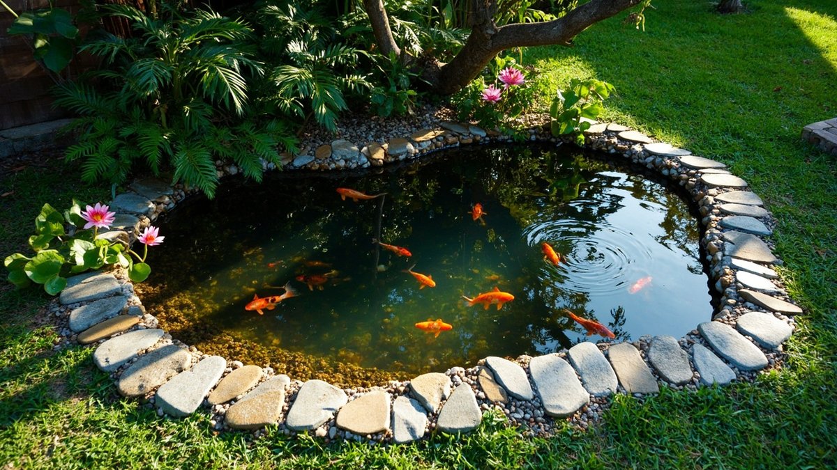 Illustrative concept design: small kidney-shaped koi pond with a stone and pebble edge
