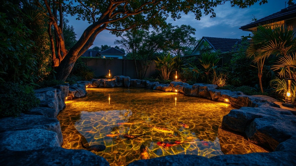 Illustrative concept design: koi pond glowing with warm underwater lights at dusk