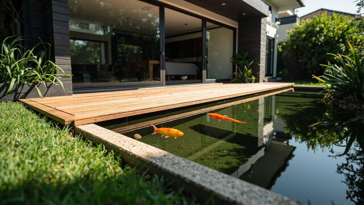 Illustrative concept design: straight-edged koi pond partly covered by a brown composite deck