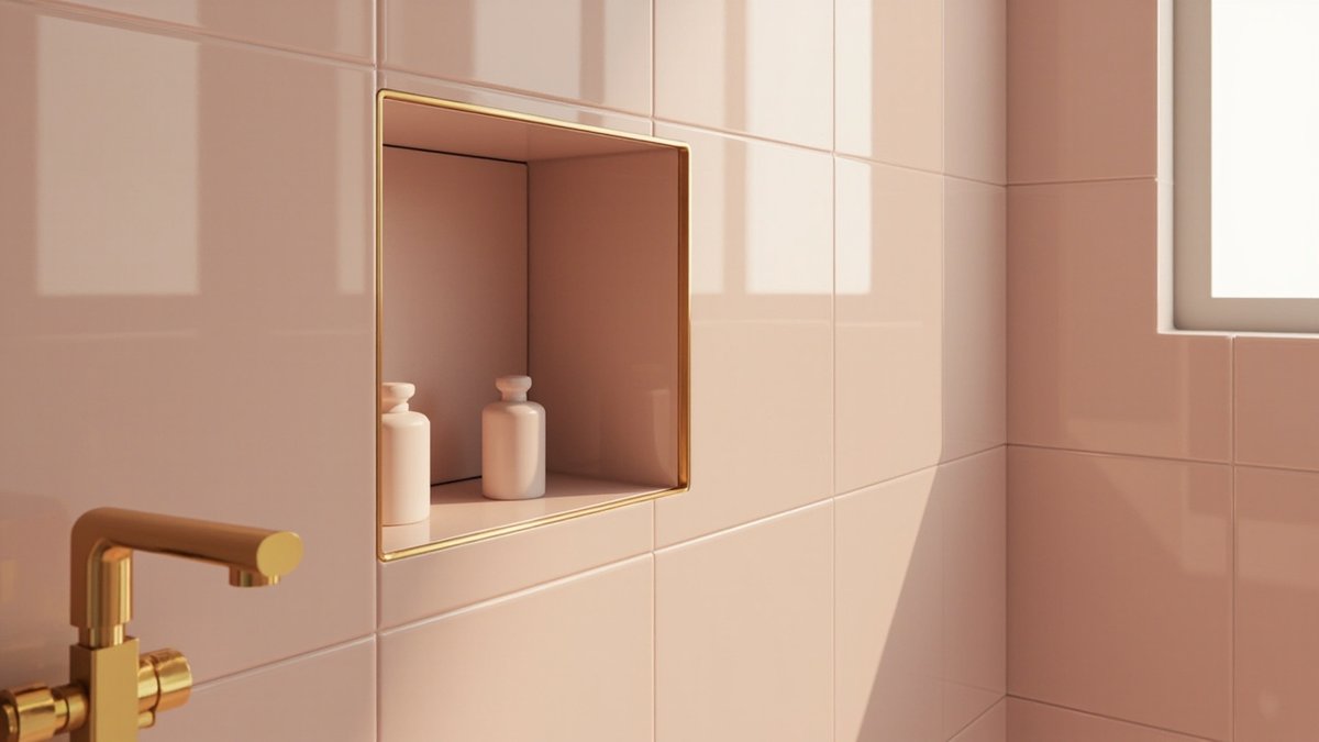 Illustrative concept design: blush pink tiled shower niche framed by a slim brushed brass trim