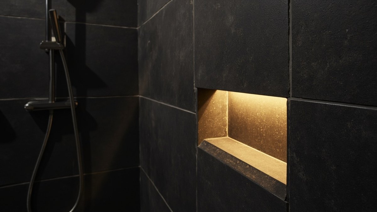 Illustrative concept design: shower niche in charcoal stone-look tiles lit by a warm hidden light strip