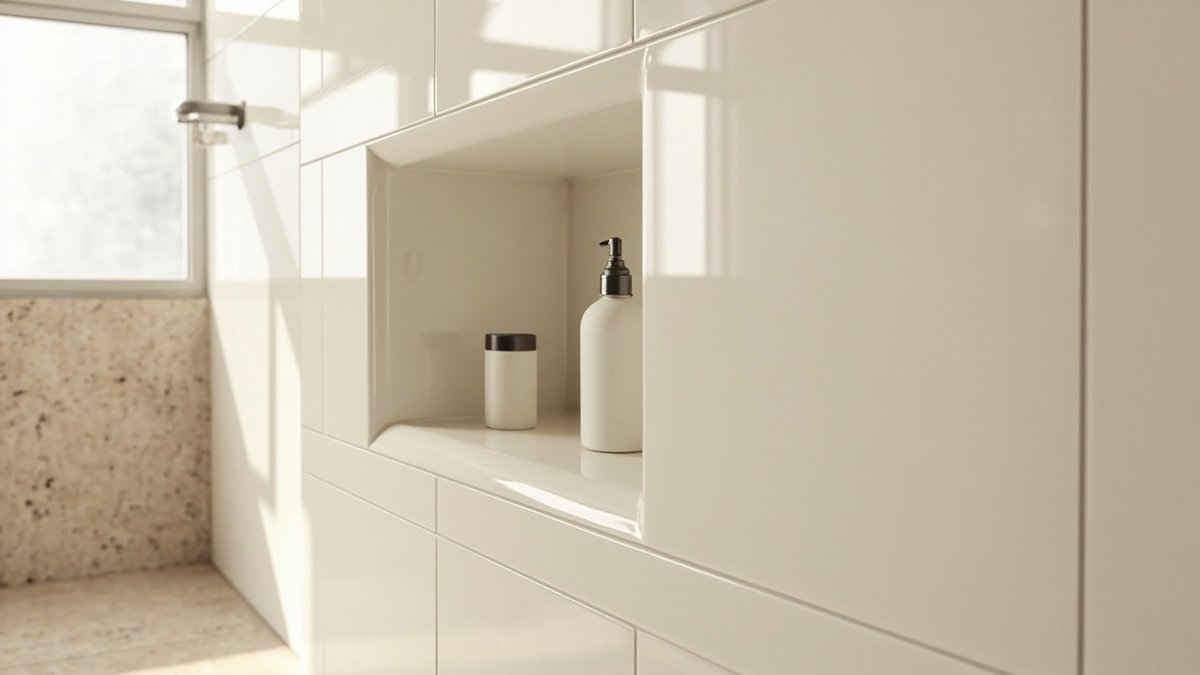 Illustrative concept design: cream tiled shower niche with softly rounded bullnose edges and sill